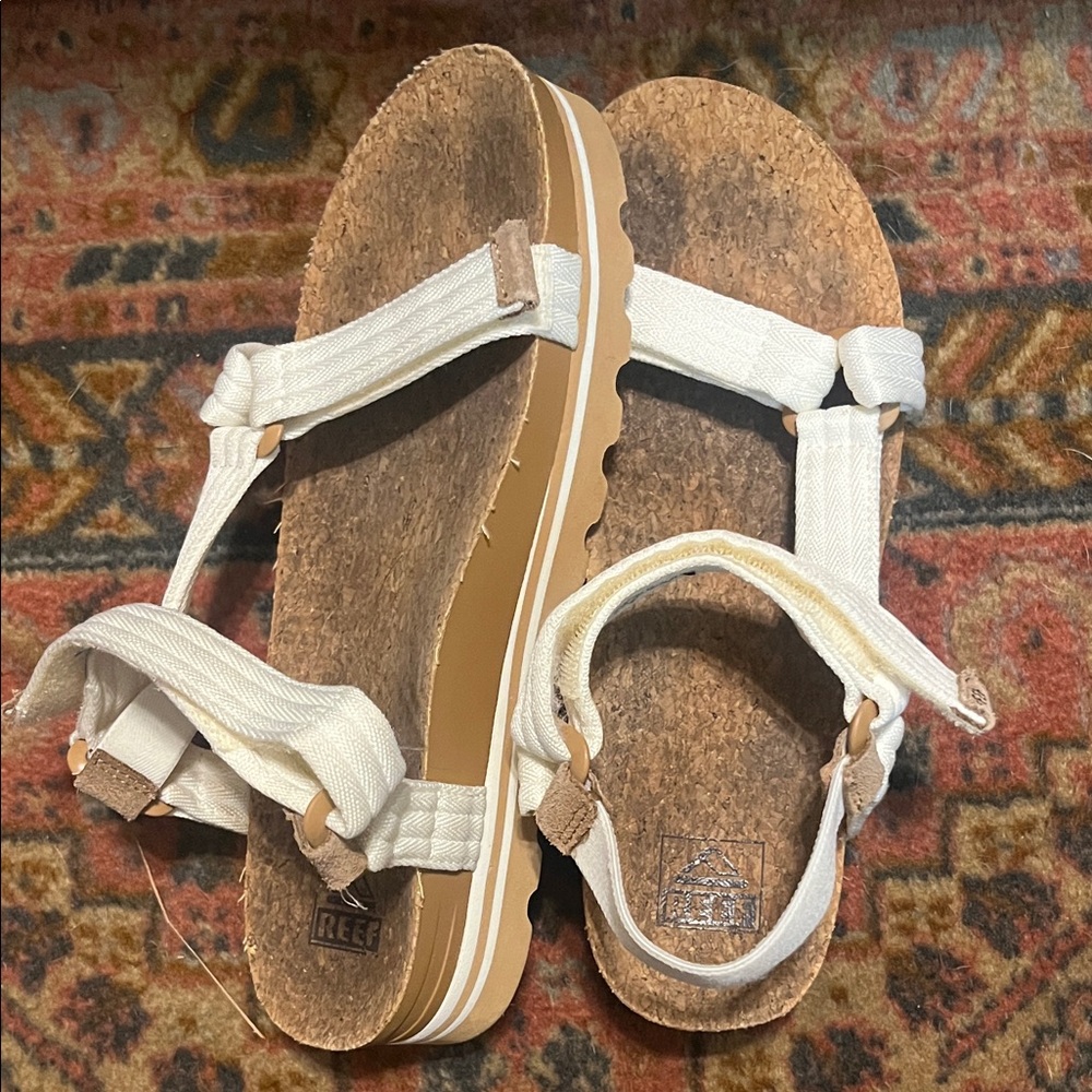 Reef women White Strap Cork Footbed Sandals with Tan Sole